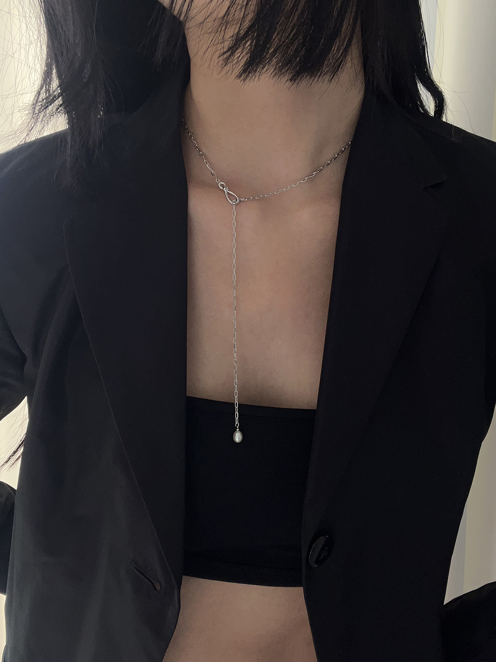[92.5 silver] Y pearl necklace (2color)