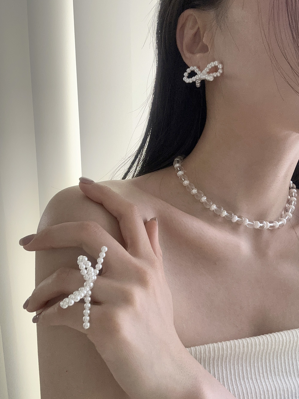 [92.5 silver] Pearl ribbon earring (2size)